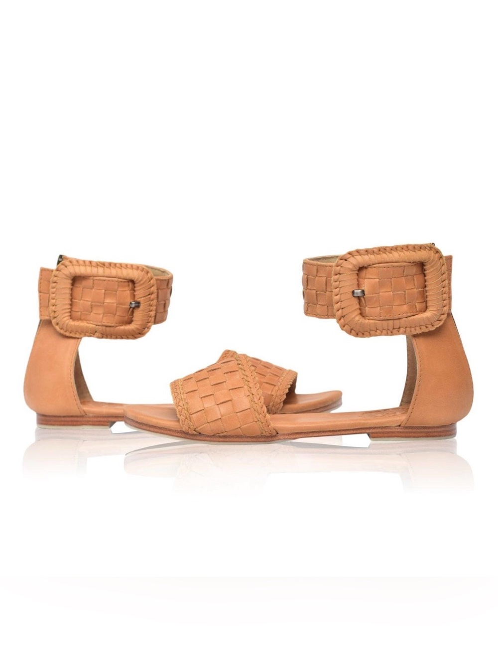 ELF Woven Tan Ankle-Strap Flat Sandals